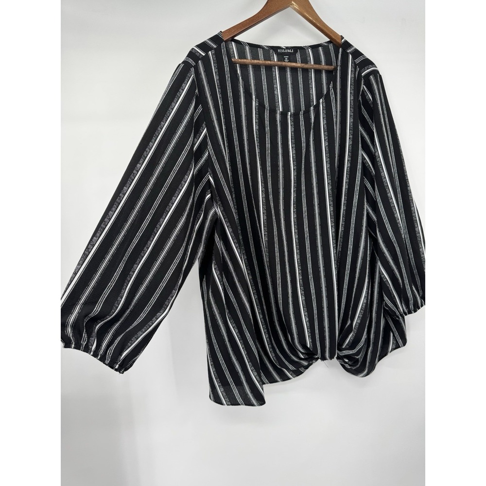 Roz & Ali Blouse White Black Striped Long Sleeve tie front business capsule 3X
